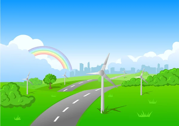 Groen gras blauwe lucht wolken achtergrond met ecologie windturbines. Eco-concept. Vector. Bewerkbaar. — Stockvector