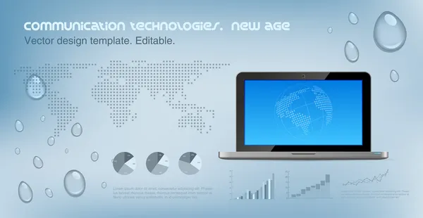 Laptop front no fundo oi-tech. Copyspace for Logo.. Mapa do mundo pontilhado no fundo. Conceito de tecnologia futura. Modelo de design. Vector. Editável . —  Vetores de Stock