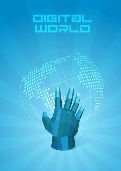 Digital World mapa punteado. La mano toca el globo. Concepto de Tecnología Futura. Plantilla de Diseño de Presentación. Fondo abstracto azul. Vector. Editable . — Vector de stock