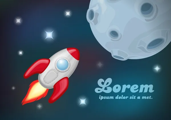 Raket vliegen naar de maan planeet poster ontwerpsjabloon is opgeslagen. ruimteschip in de ruimte. Cartoon vectorillustratie. bewerkbare. — Stockvector