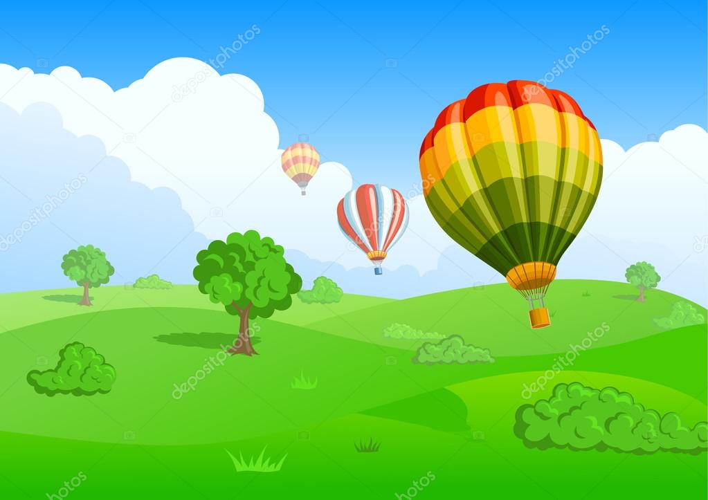 Air balloons over green meadow. Eco life concept. Vector.