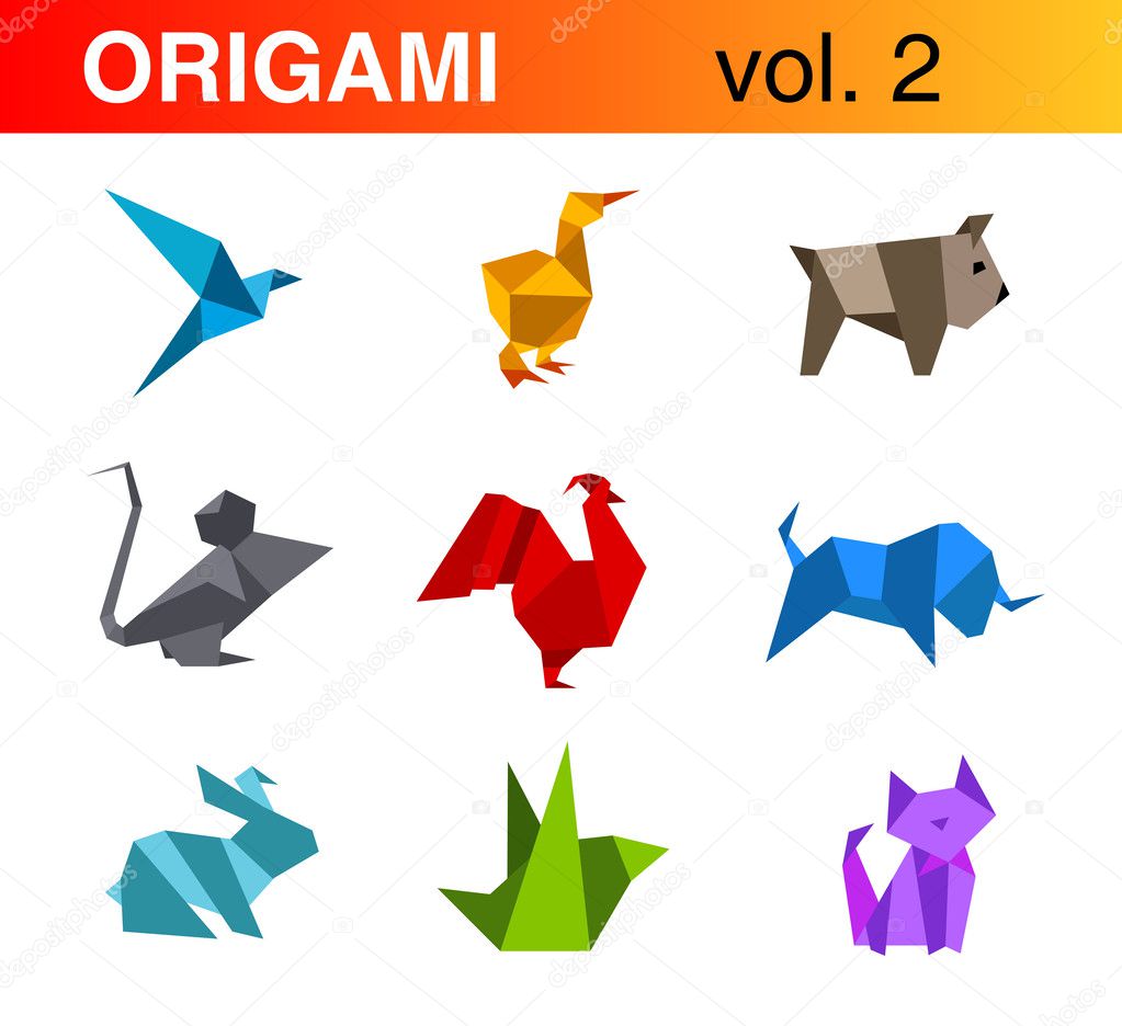 Origami animals logo templates collection 2: bird, duck, dog, mouse, rooster, bull, rabbit, cat. Vector.