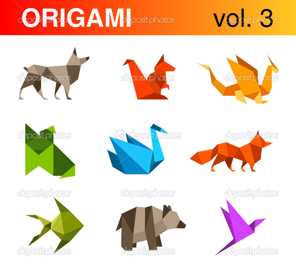 Origami Tiere Logo Vorlage Set 3 Hund Eichhörnchen Drache