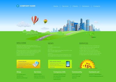 Website editable template: Business city on green grass horizon Uni themes: business concept, realty, innovations, services etc.