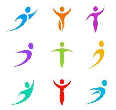 İnsan logosu şablon öğeleri. Business & Sport simge seti. Uçmak, havada meketmek, bakmak, acele etme. Vektör.