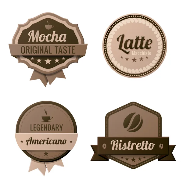 Káva vinobraní popisky logo šablony kolekce. Café retro styl. Mocha latte, americano, ristretto. vektorové ikony. — Stockový vektor