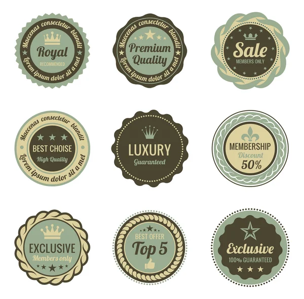 Set de etiquetas vintage. Venta, Membresía, Estilo de lujo. Diseño retro. Alta calidad. Plantilla de logotipo retro. Alto detalle vector . — Vector de stock