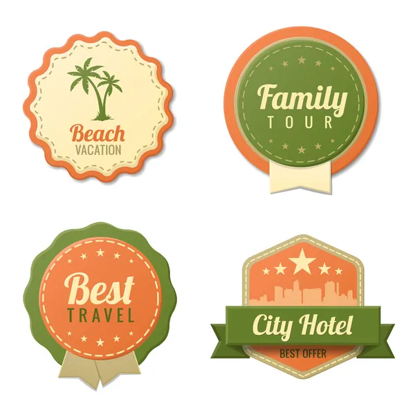 Travel vintage labels logo template collection. Tourismus-Aufkleber im Retro-Stil. Strand, Familientour, Abzeichen im Stadthotel. Vektor. editierbar. — Stockvektor