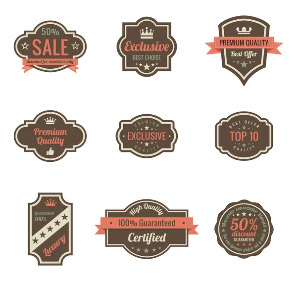 Vintage etiketten set. Retro schilden en stickers zo 'n logo. Lint en kroon. Retro ontwerp. Hoge kwaliteit. — Stockvector