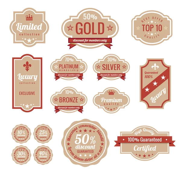 Vente rabais étiquettes RETRO. Old Design Stickers pack. Premium, Or, Argent, Bronze Vintage Labels. Modèle de logo rétro. Design tendance. Haute qualité . — Image vectorielle