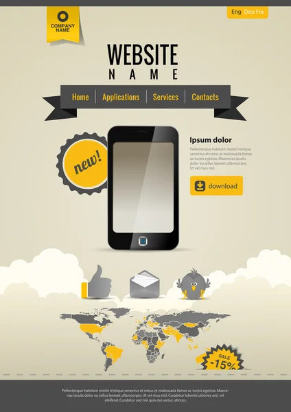 Applications mobiles à écran tactile. Smartphone. Modèle de site Web Style rétro. Jaune Noir . — Image vectorielle