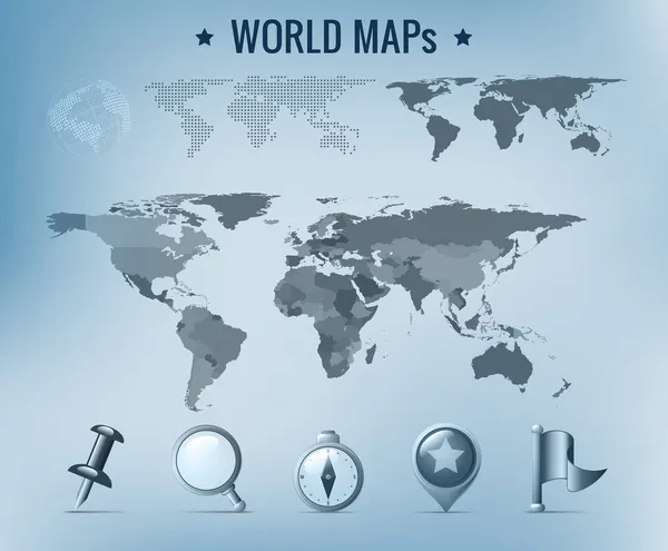 Vector del mapa del mundo: político, punteado, sólido. Navegación Icono pack . — Vector de stock