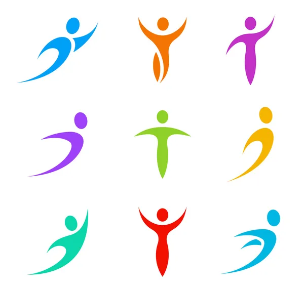 Elementi modello logo umano. Set di icone Business & Sport. Volare, levitare, tendere, correre attività. Vettore . — Vettoriale Stock