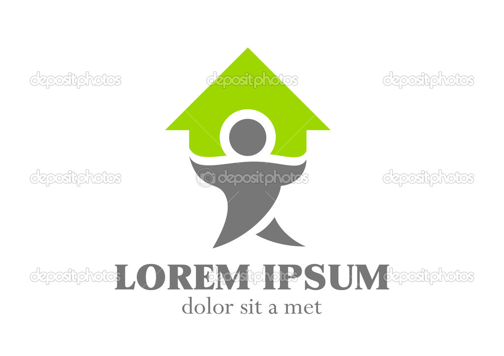 Household logo template. Man holding charring a house. Vector icon. Editable.
