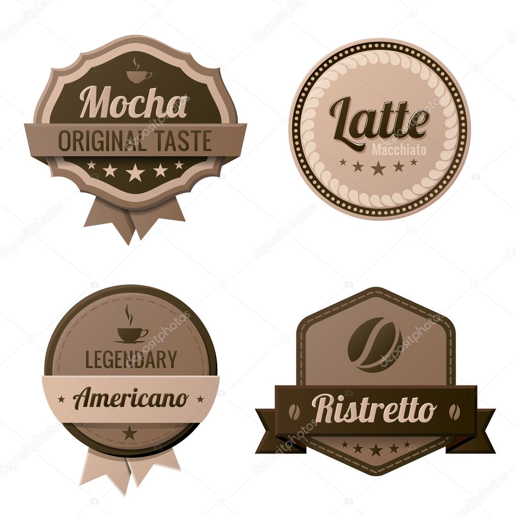 Coffee Vintage Labels logo template collection. Cafe Retro style. Mocha, Latte, Americano, Ristretto. Vector icons.