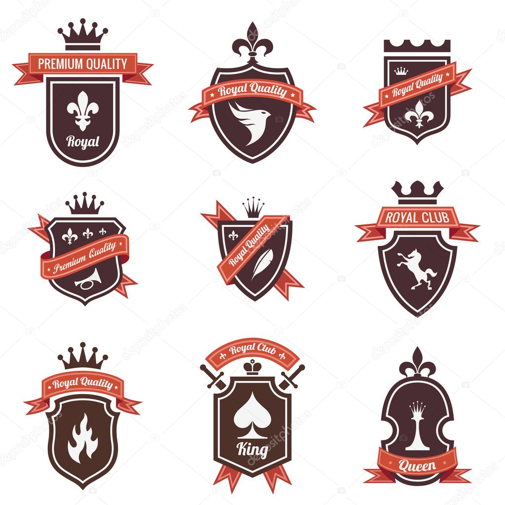 Vintage Labels set. Place your logo on shield. Copyspace. Shield with ribbon and crown. Coat of arms. Retro design. High quality.