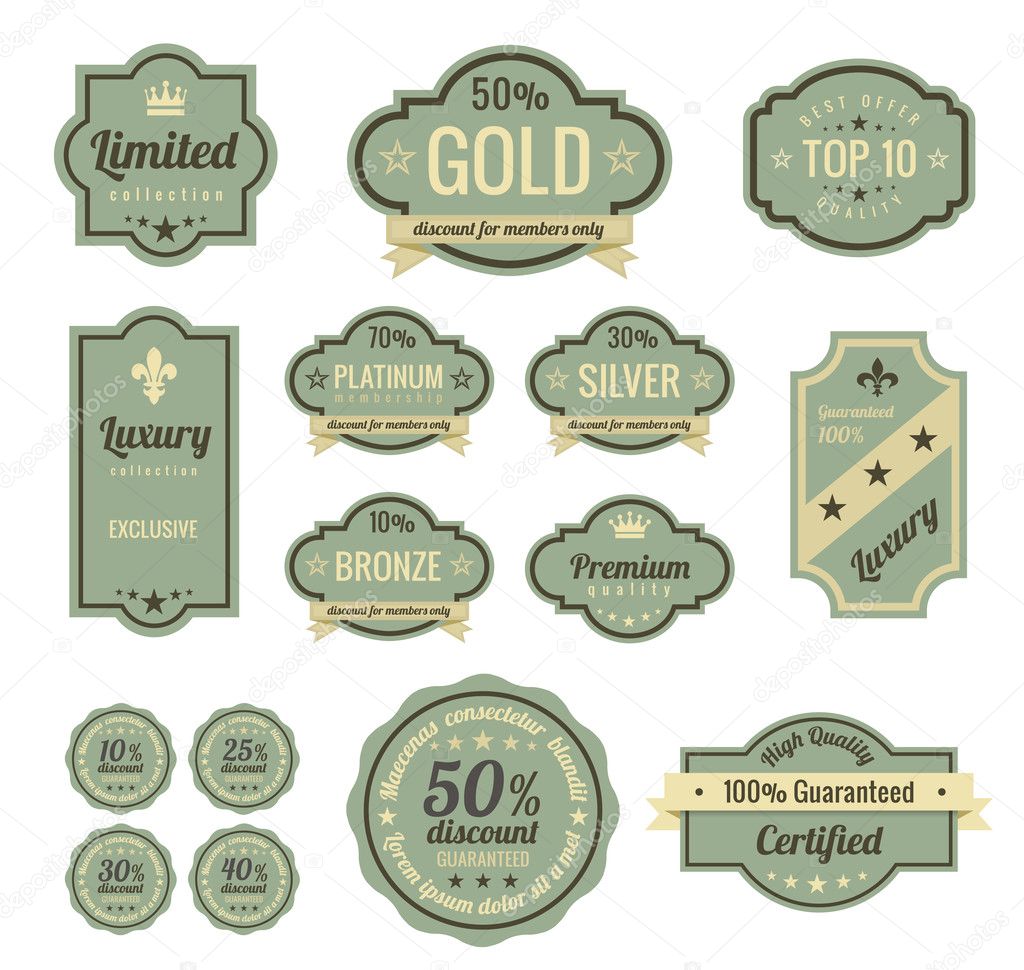 Vintage Labels set. SALE, Discount, Membership, Premium Quality, Exclusive label designs. Badge icons collection. Retro logo template. High quality vector.