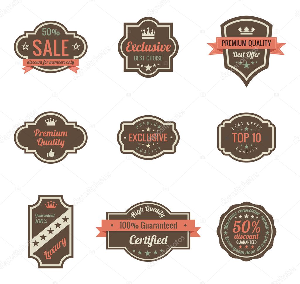 Vintage Labels set. Retro shields and stickers such a logo. Ribbon and crown. Retro design. High quality.