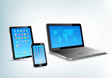 Touchpad, dizüstü bilgisayar, cep telefonu vektör perspektif görünüm