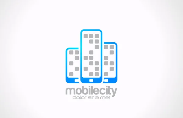 Mobiele telefoons logo ontwerp. mobiele stad bedrijfsconcept. — Stockvector