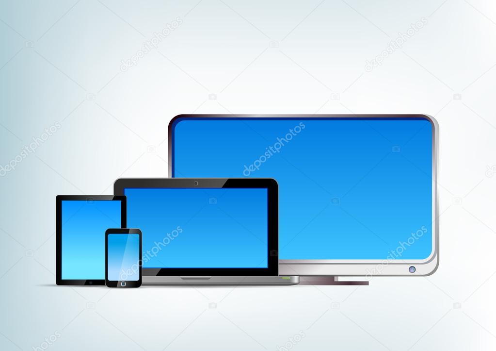 Tablet pc, laptop, smartphone, tv vector front view. Blank