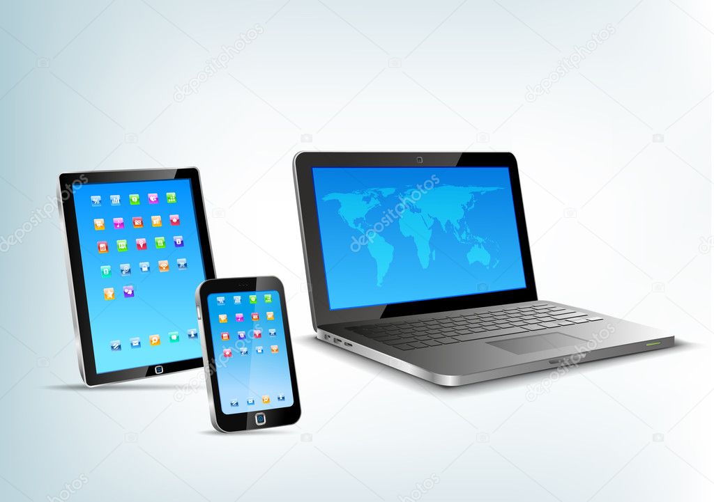 Touchpad, notebook, mobile phone vector perspective view