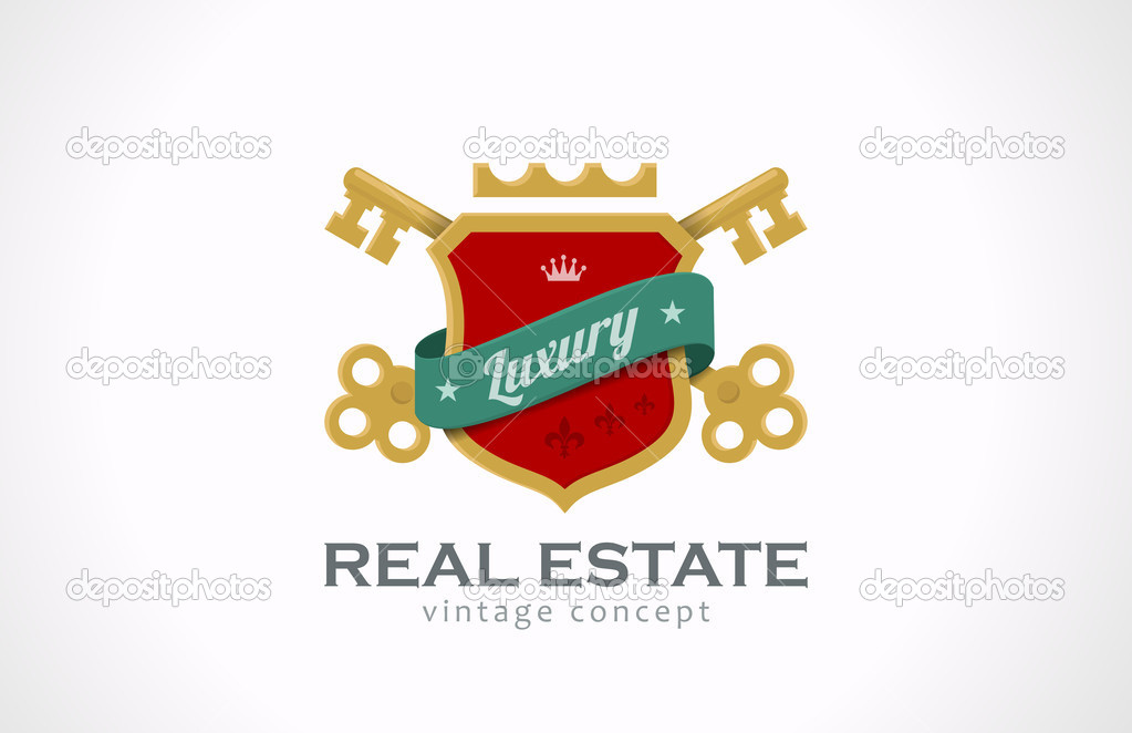 Logo Real Estate Vintage Luxury. Keys and shield with ribbon.