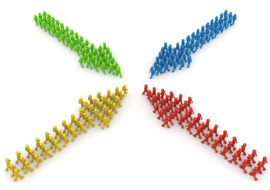 reunión de las formaciones de flecha de cuatro personajes coloreados
