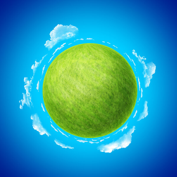 Green planet with blue skies and clouds template concept.