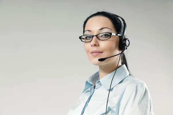 Sexy smiling haughty call center operator portrait. Sexy girl we — Stock Photo, Image