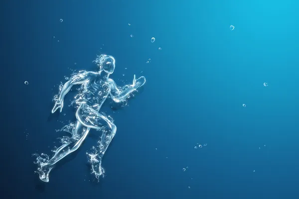 Running man liquid artwork on blue background. — Stock Photo, Image