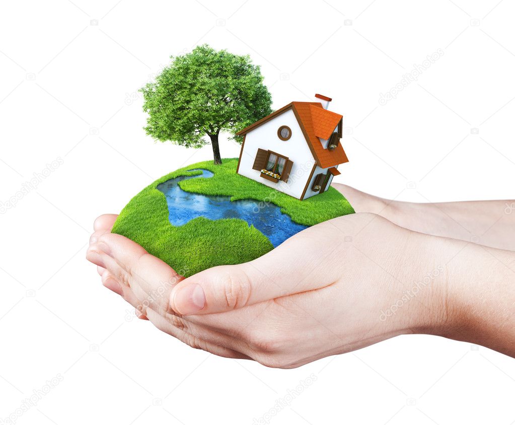Hands holding house on clear green meadow, tree and river.