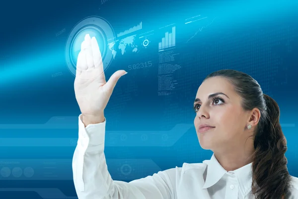 Future technology touchscreen interface. Girl touching screen in — Stock Photo, Image