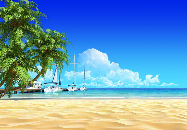 Marina pier with empty tropical sand beach.