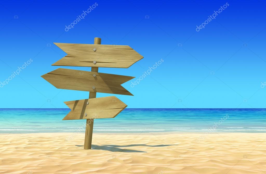 Three empty wooden signpost to place your logo, product or text on idyllic tropical sand beach. Concept for rest, holidays, resort, spa background.