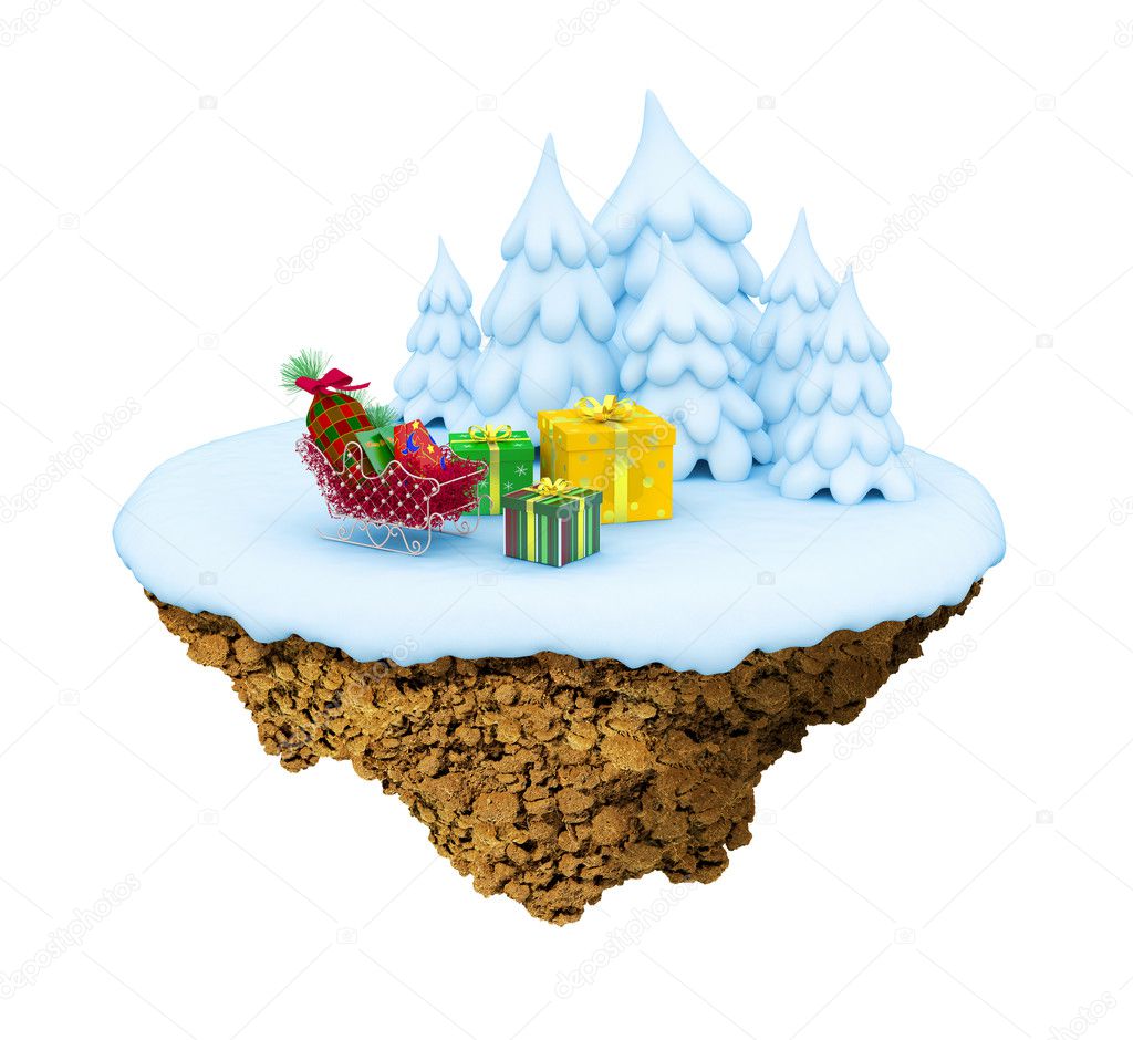 New Year little snowy levitate stylized island, planet.