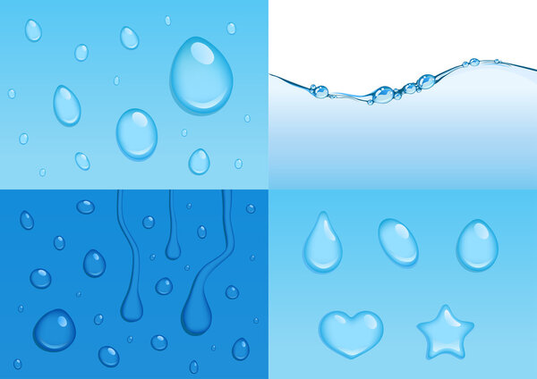 4 vector water backgrounds with drops and bubbles, boil effect.