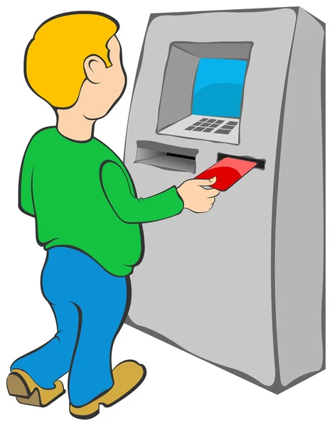 Чоловік кладе кредитну картку в банкомат . — стоковий вектор