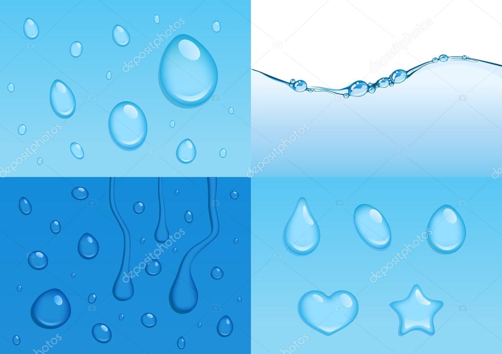 4 vector water backgrounds with drops and bubbles, boil effect.