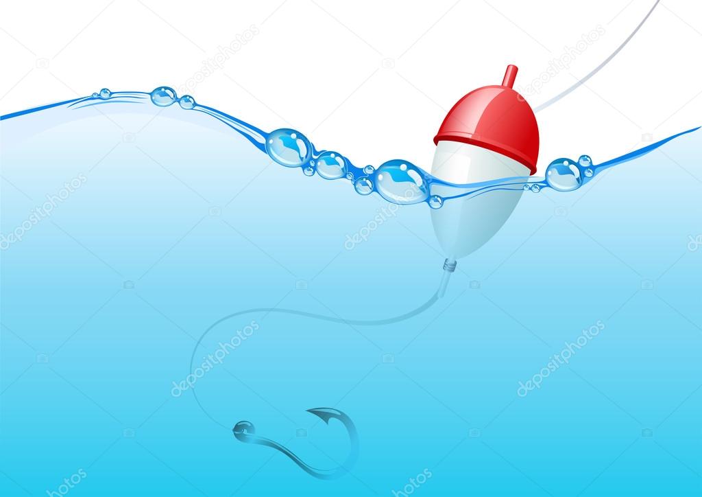 Float, fishing line and hook underwater