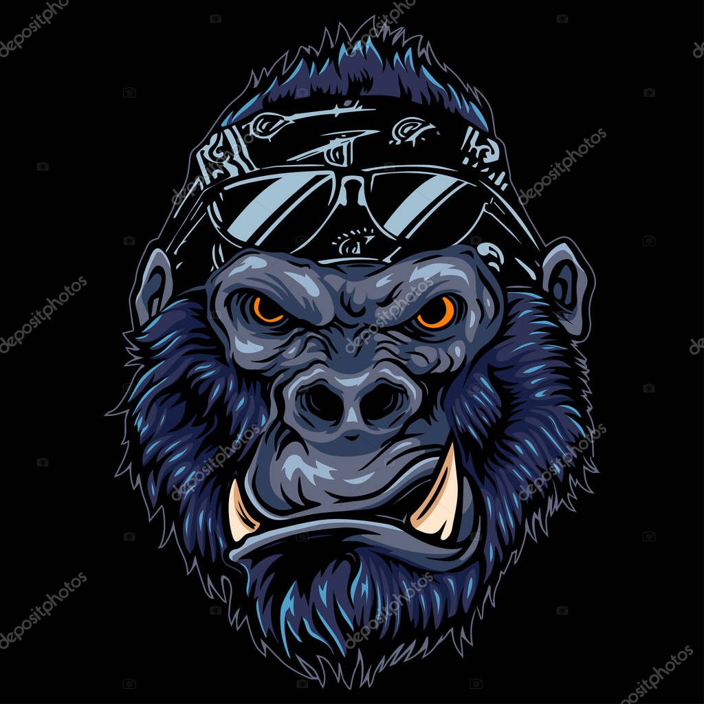 Vector illustration of Cartoon angry gorilla head wearing sunglasses