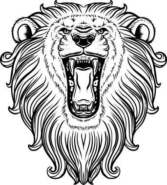 Siyah ve beyaz aslanın kükreyen kafasının vektör çizimi
