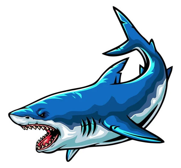 Ilustração Vetorial Mascote Tubarão Azul Raivoso Dos Desenhos Animados — Vetor de Stock