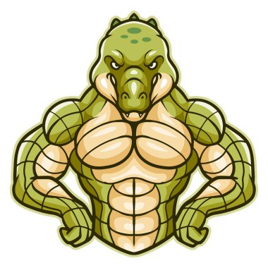 Çizgi film timsah maskotunun kas gövdeli vektör çizimi