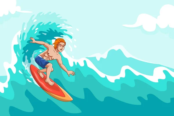 海の波でサーフィンする漫画家のベクトルイラスト — ストックベクタ