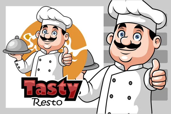 Vector Illustration Cartoon Chef Holding Silver Tray Giving Thumb — Image vectorielle