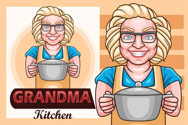 Vector Illustration Cartoon Grandma Kitchen Holding Pot — Stock Vector