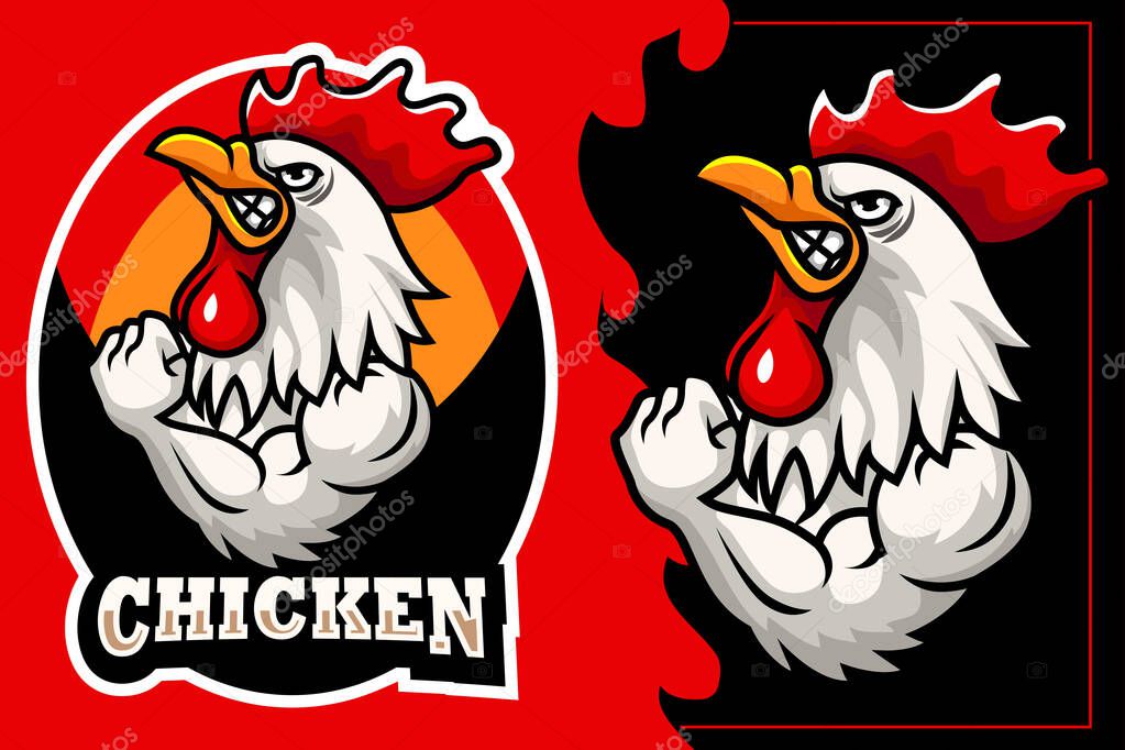 Vector Illustration of Cartoon strong chicken mascot design template
