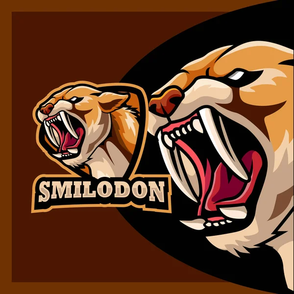 Vector Illustratie Van Cartoon Smilodon Hoofd Mascotte Ontwerp Template — Stockvector