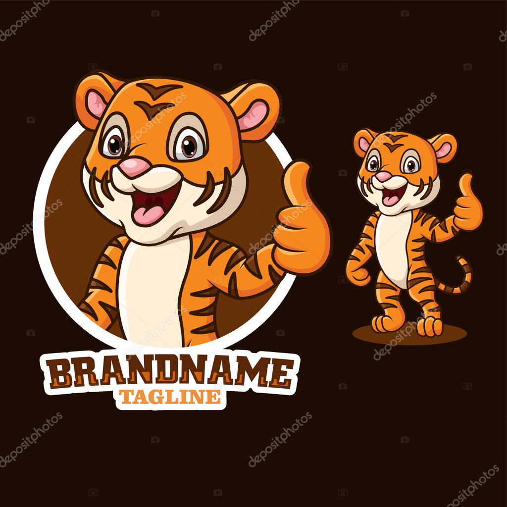Vector Illustration of Cartoon little tiger mascot giving thumb up